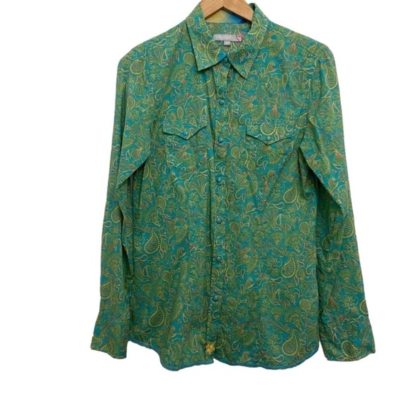 Tin Haul blouse summer spring 100% cotton light snap button down shirt green - Picture 1 of 15